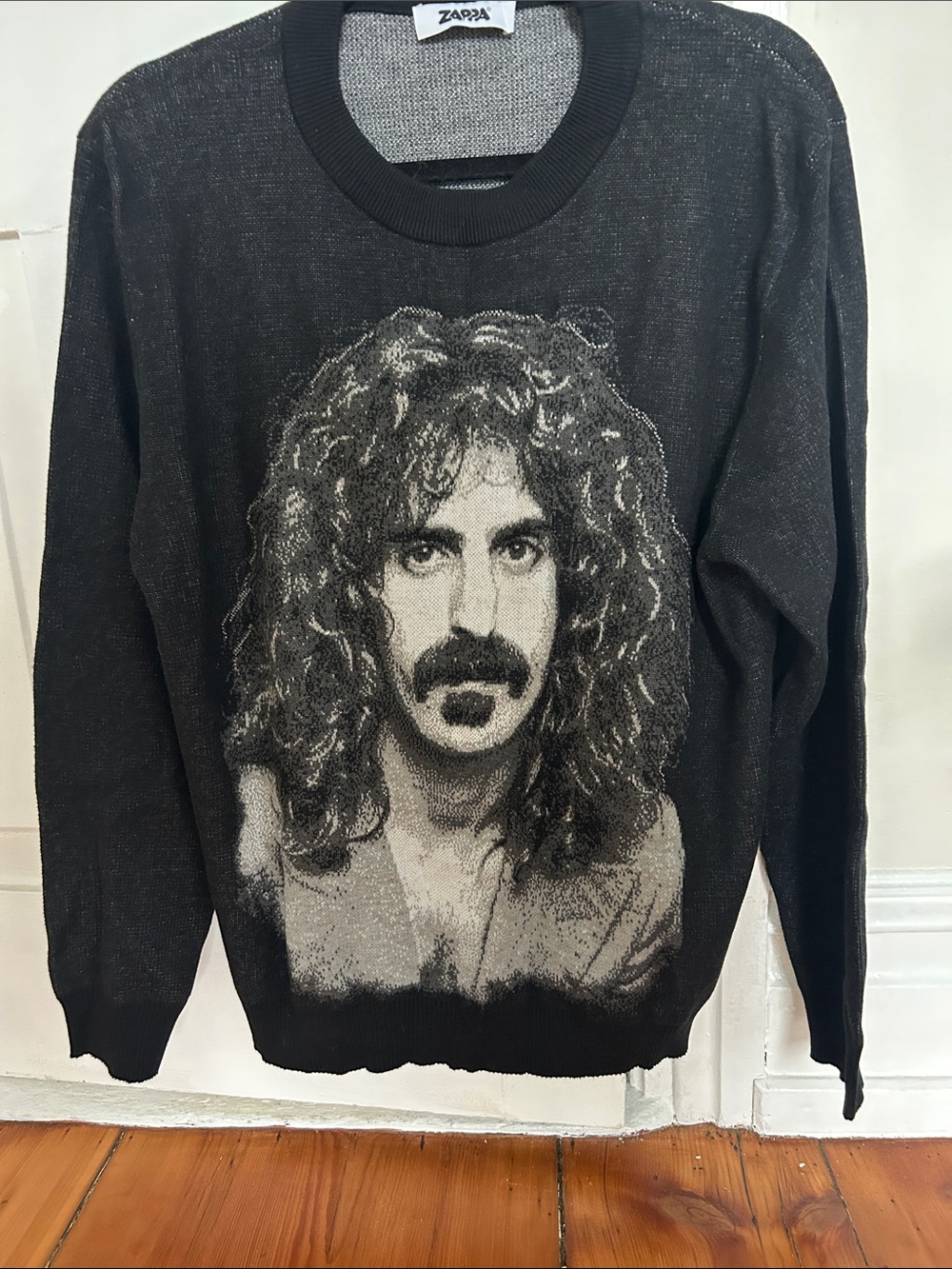 Frank Zappa Black Crewneck Sweater with Monochrome Portrait Graphic - Men's
